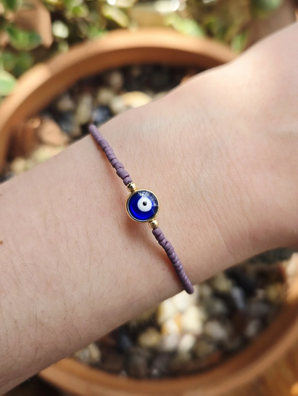 Dainty Purple Beaded Evil Eye Bracelet